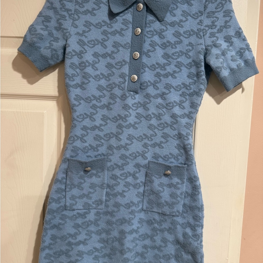 Maje Light Blue & Gray Logo Knit Mini Dress